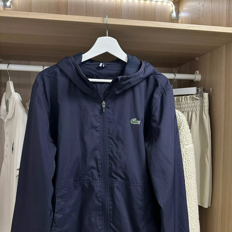 Lacoste Mens Basic Jacket Windbreaker Size 48 / S Navy Full-Zip Logo Hood.