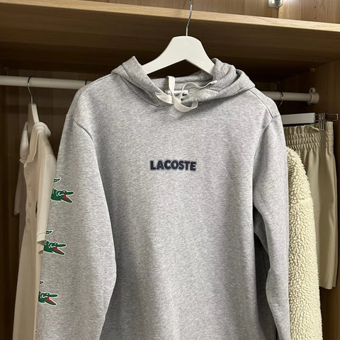 Lacoste Mens Pullover Hoodie Size L / FR5 Grey Crocodile Print Logo Sweat.