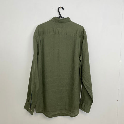 Tommy Hilfiger 100 % Linen Button-Up Shirt Mens Size M Khaki Holiday Long-Sleeve