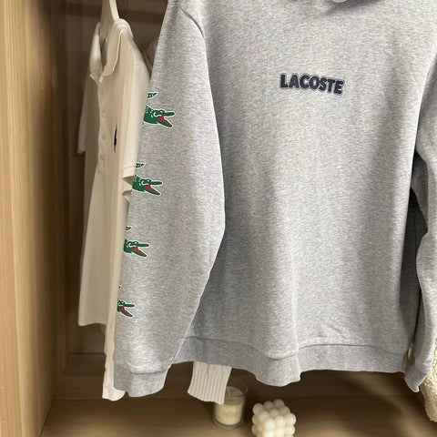 Lacoste Mens Pullover Hoodie Size L / FR5 Grey Crocodile Print Logo Sweat.