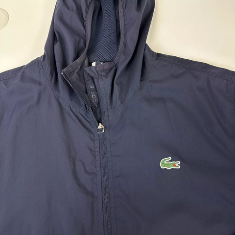 Lacoste Mens Basic Jacket Windbreaker Size 48 / S Navy Full-Zip Logo Hood.