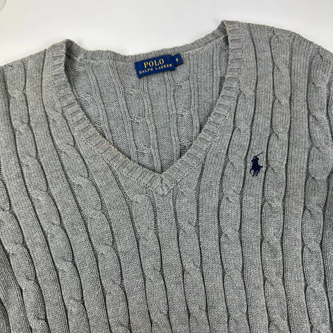 Polo Ralph Lauren Womens Cable-Knit Jumper Size S Grey V-Neck Sweater Logo