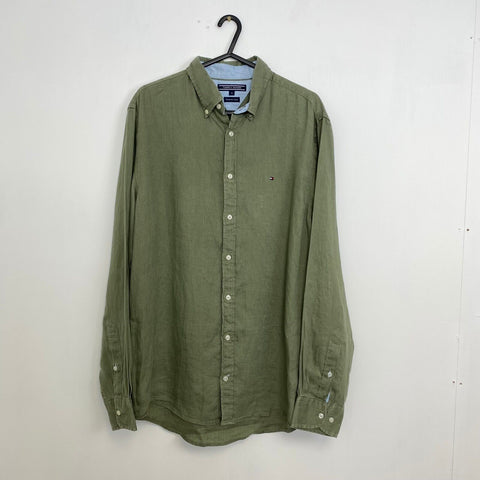 Tommy Hilfiger 100 % Linen Button-Up Shirt Mens Size M Khaki Holiday Long-Sleeve