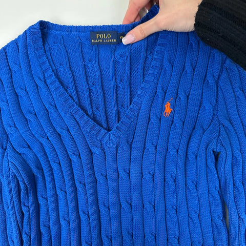 Polo Ralph Lauren Womens Cable-Knit Jumper Size XS Blue V-Neck Sweater Logo